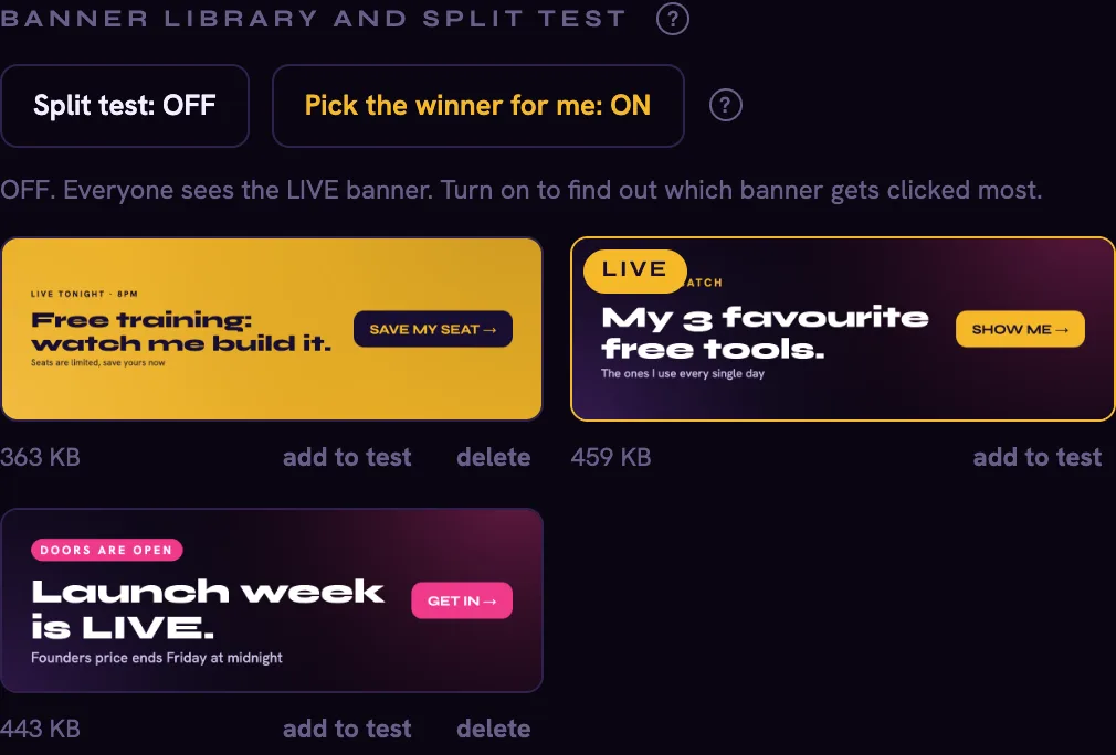 A board's banner library, where one click makes any banner live everywhere